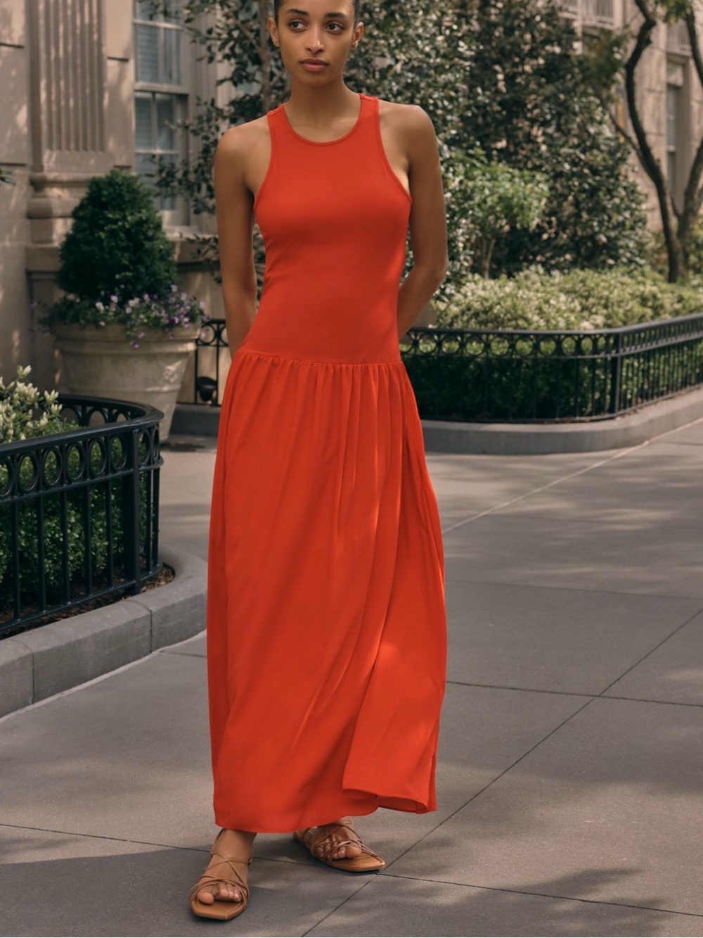 Sleeveless Orange Maxi Dress with Relaxed Skirt